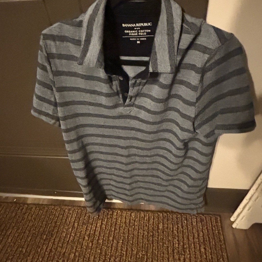 Banana Republic Men's Striped Blue and Gray Polo